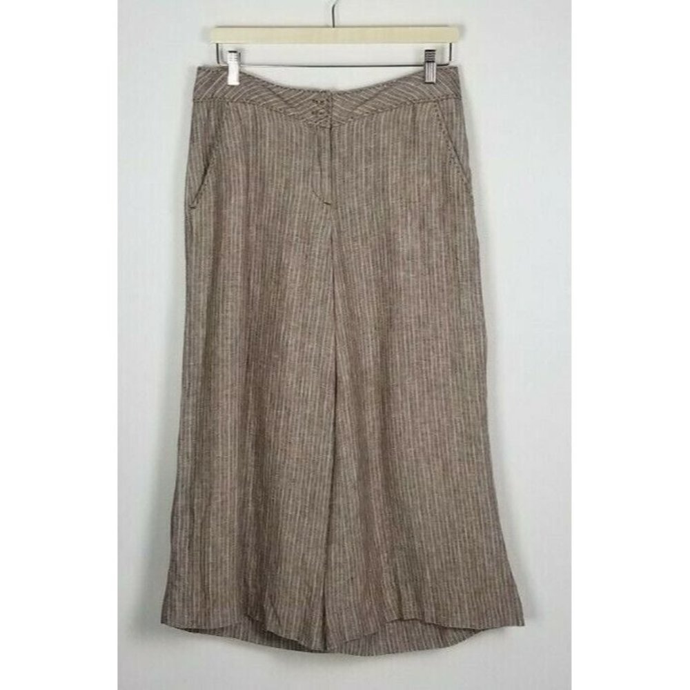 Sundance Sz. 6 100% Linen Khaki & White Stripe Gaucho Pants Front Pockets